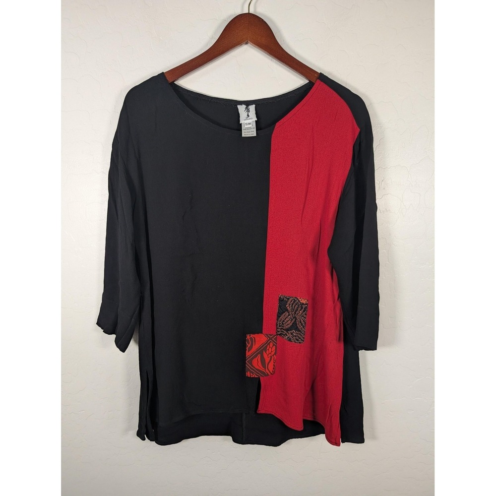 Yasuko Shirt Womens S/M Black Red Colorblock Tunic Top Kimono Silk Patchwork